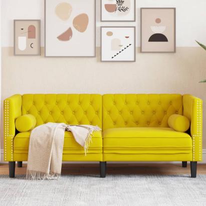 Canapea Chesterfield cu pernuțe/2 locuri, galben, catifea GartenMobel Dekor
