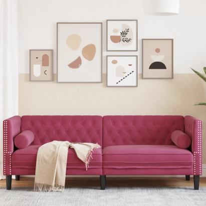 Canapea Chesterfield cu pernuțe/3 locuri, roșu vin, catifea GartenMobel Dekor