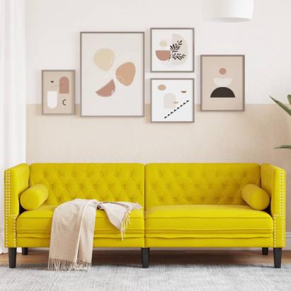 Canapea Chesterfield cu pernuțe/3 locuri, galben, catifea GartenMobel Dekor