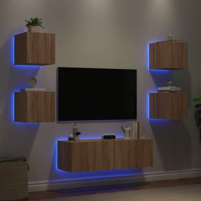 Comode TV de perete cu lumini LED, 5 piese, stejar sonoma GartenMobel Dekor