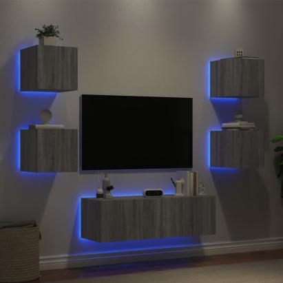 Comode TV de perete cu lumini LED, 5 piese, gri sonoma GartenMobel Dekor