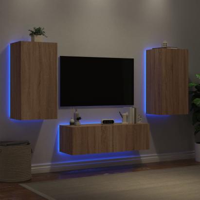 Comode TV de perete cu lumini LED, 3 piese, stejar sonoma GartenMobel Dekor