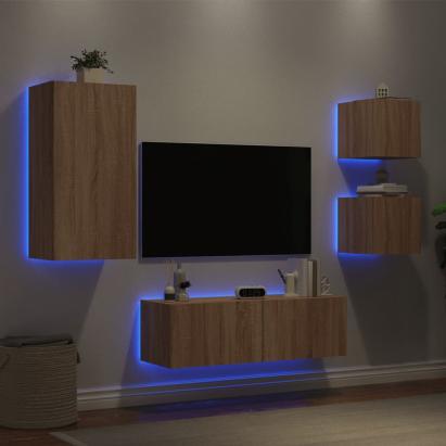 Comode TV de perete cu lumini LED, 4 piese, stejar sonoma GartenMobel Dekor