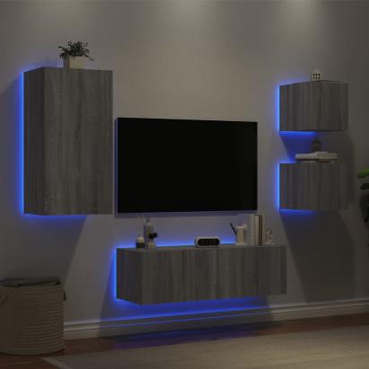 Comode TV de perete cu lumini LED, 4 piese, gri sonoma GartenMobel Dekor