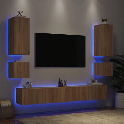 Comode TV de perete cu lumini LED, 6 piese, stejar sonoma GartenMobel Dekor
