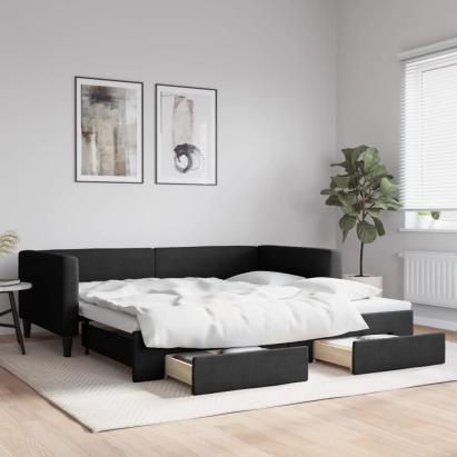 Pat de zi cu extensie și sertare, negru, 100x200 cm, textil GartenMobel Dekor