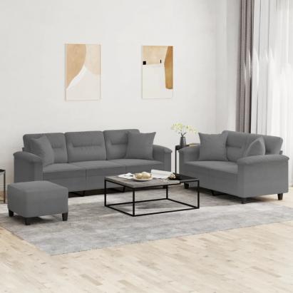 Set de canapele cu perne, 3 piese, gri închis, microfibră GartenMobel Dekor