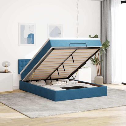 Cadru de pat otoman cu saltea Albastru închis 140x200cm catifea GartenMobel Dekor