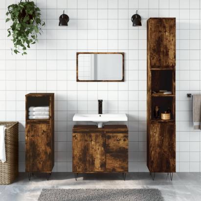 Set mobilier de baie, 3 piese, stejar fumuriu, lemn prelucrat GartenMobel Dekor