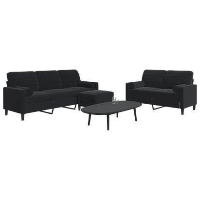Set de canapele cu perne/rulouri, 3 piese, negru, catifea GartenMobel Dekor
