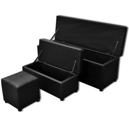 Set banchetă depozitare, piele eco, taburet pt. picioare, negru, 3 buc GartenMobel Dekor
