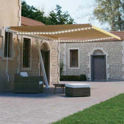 Copertină retractabilă manual cu LED, galben și alb, 450x300 cm GartenMobel Dekor