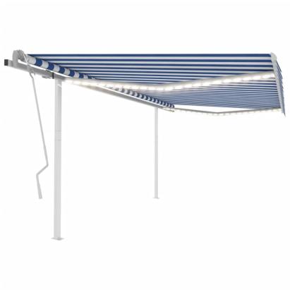 Copertină retractabilă manual, cu LED, albastru și alb 4,5x3 m GartenMobel Dekor