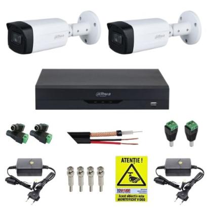 Kit supraveghere Dahua 2 camere 8MP 4K IR 40m Lentila 2.8mm, DVR 4 canale 4K 8MP, accesorii + Autocolant Rovision SafetyGuard Surveillance