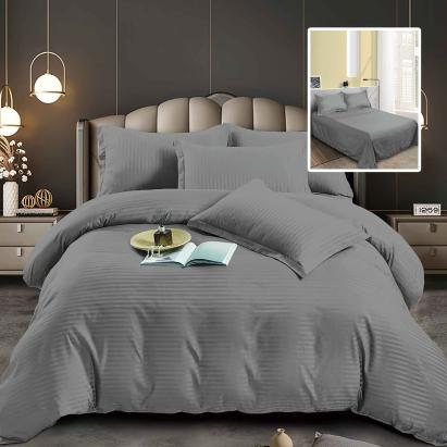 Set lenjerie de pat pentru 2 persoane XXL, Bumbac Damasc Policotton, 4 piese, Cearceaf pat 230x260, Cearceaf pilota 220x200, Fete de perne 50x70 x 2, Gri Relax KipRoom