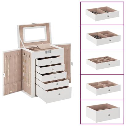Cutie de bijuterii 6 straturi cu oglindă încuiată albă GartenMobel Dekor