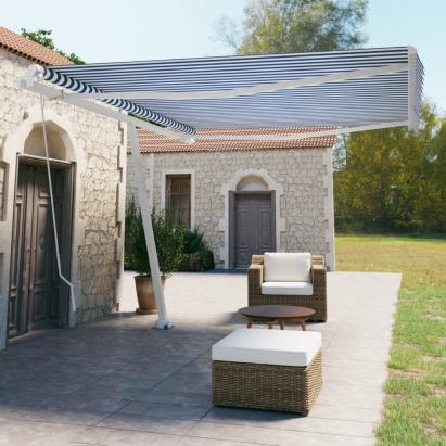 Copertină retractabilă manual autonomă, albastru/alb, 450x350cm GartenMobel Dekor