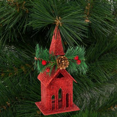 Ornament de brad cu agățătoare - biserică - 16 x 6.5 cm - roșie Best CarHome