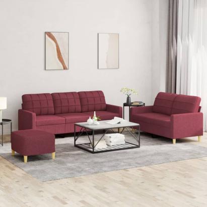 Set canapea cu perne, 3 piese, roșu vin, material textil GartenMobel Dekor