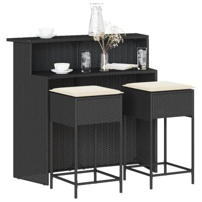 Set mobilier bar de grădină cu perne, 3 piese, negru, poliratan GartenMobel Dekor