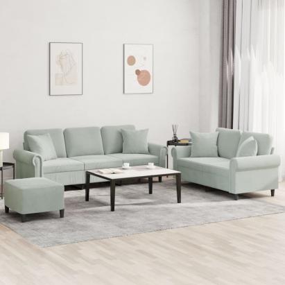 Set de canapele, 3 piese, cu perne, gri deschis, catifea GartenMobel Dekor
