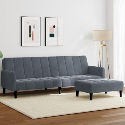 Canapea extensibilă cu taburet, 2 locuri, gri închis, catifea GartenMobel Dekor