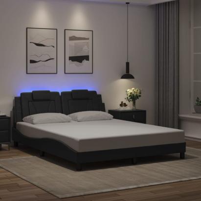 Cadru de pat cu lumini LED, negru, 160x200 cm, piele ecologică GartenMobel Dekor