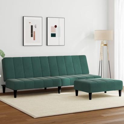 Canapea extensibilă cu taburet, 2 locuri, verde închis, catifea GartenMobel Dekor