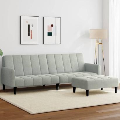 Canapea extensibilă cu taburet, 2 locuri, gri deschis, catifea GartenMobel Dekor