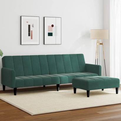 Canapea extensibilă cu taburet, 2 locuri, verde închis, catifea GartenMobel Dekor