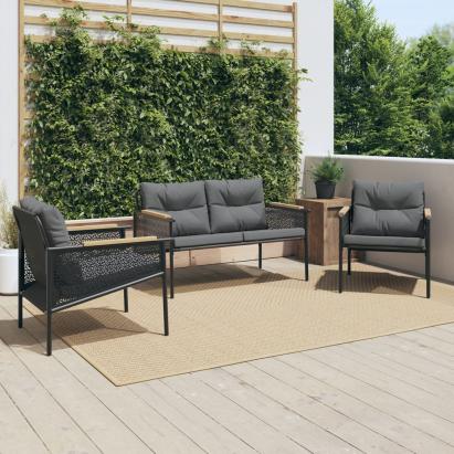 Set mobilier de balcon, 3 piese, cu perne, negru, oțel GartenMobel Dekor