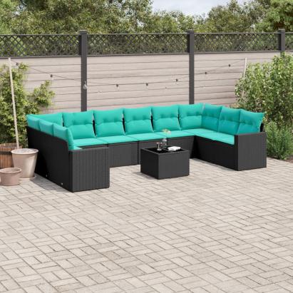 Set canapele de grădină cu perne, 11 piese, negru, poliratan GartenMobel Dekor
