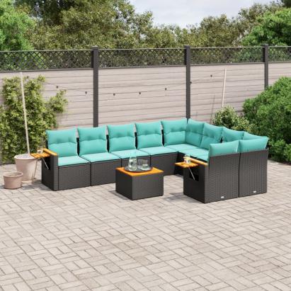 Set canapele de grădină cu perne, 10 piese, negru, poliratan GartenMobel Dekor