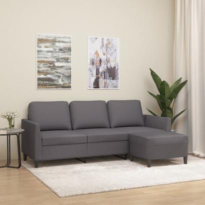 Canapea cu 3 locuri și taburet, gri, 180 cm, piele ecologică GartenMobel Dekor