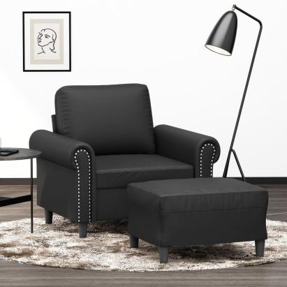 Fotoliu canapea cu taburet, negru, 60 cm, piele ecologică GartenMobel Dekor