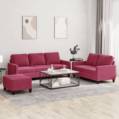 Set canapea cu perne, 3 piese, roșu vin, catifea GartenMobel Dekor