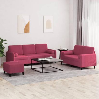 Set canapele cu perne, 3 piese, roșu vin, catifea GartenMobel Dekor