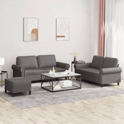 Set de canapele cu perne, 3 piese, gri, piele ecologică GartenMobel Dekor