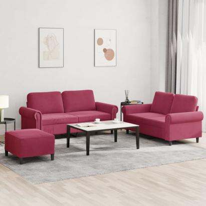 Set canapea cu perne, 3 piese, roșu vin, catifea GartenMobel Dekor
