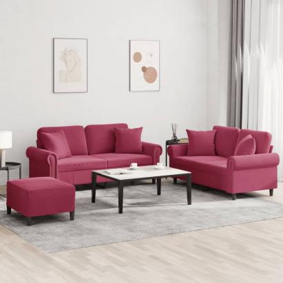 Set canapele cu perne, 3 piese, roșu vin, catifea GartenMobel Dekor