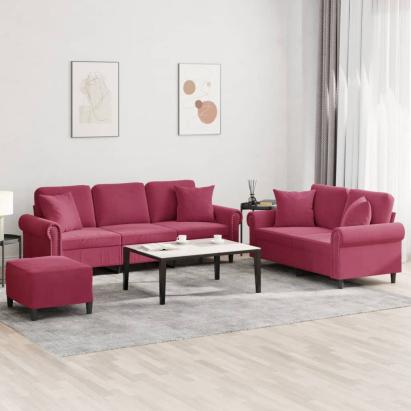 Set canapele cu perne, 3 piese, roșu vin, catifea GartenMobel Dekor