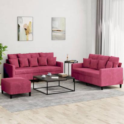 Set canapea cu perne, 3 piese, roșu vin, catifea GartenMobel Dekor