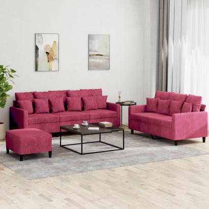 Set canapea cu perne, 3 piese, roșu vin, catifea GartenMobel Dekor