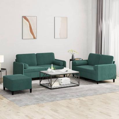 Set canapea cu perne, 3 piese, verde închis, catifea GartenMobel Dekor
