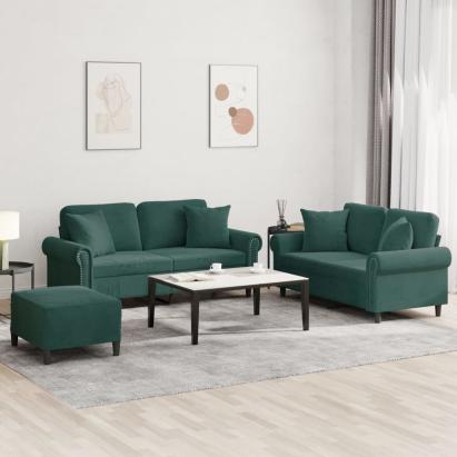Set canapea cu perne, 3 piese, verde închis, catifea GartenMobel Dekor