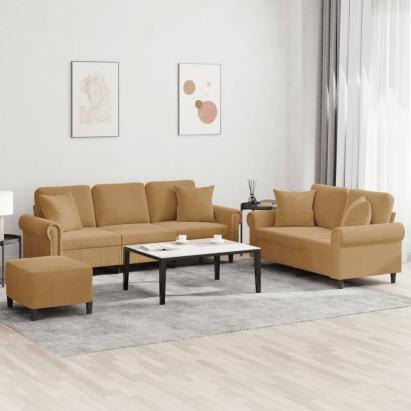 Set de canapele cu perne, 3 piese, maro, catifea GartenMobel Dekor