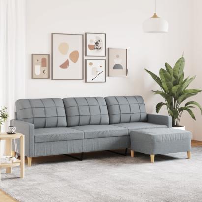 Canapea cu 3 locuri și taburet, gri deschis, 210 cm, textil GartenMobel Dekor