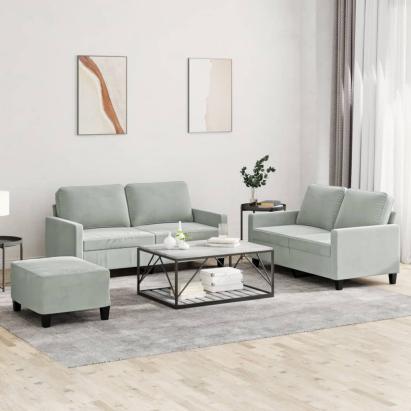 Set de canapele cu perne, 3 piese, gri deschis, catifea GartenMobel Dekor