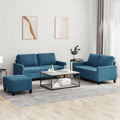 Set de canapele cu perne, 3 piese, albastru, catifea GartenMobel Dekor