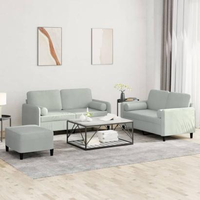 Set de canapele, 3 piese, cu perne, gri deschis, catifea GartenMobel Dekor